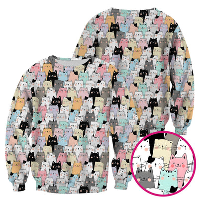 Playful Cartoon Cat Crowd Pattern Scrub Top, Comfortable Scrubs for Nurses