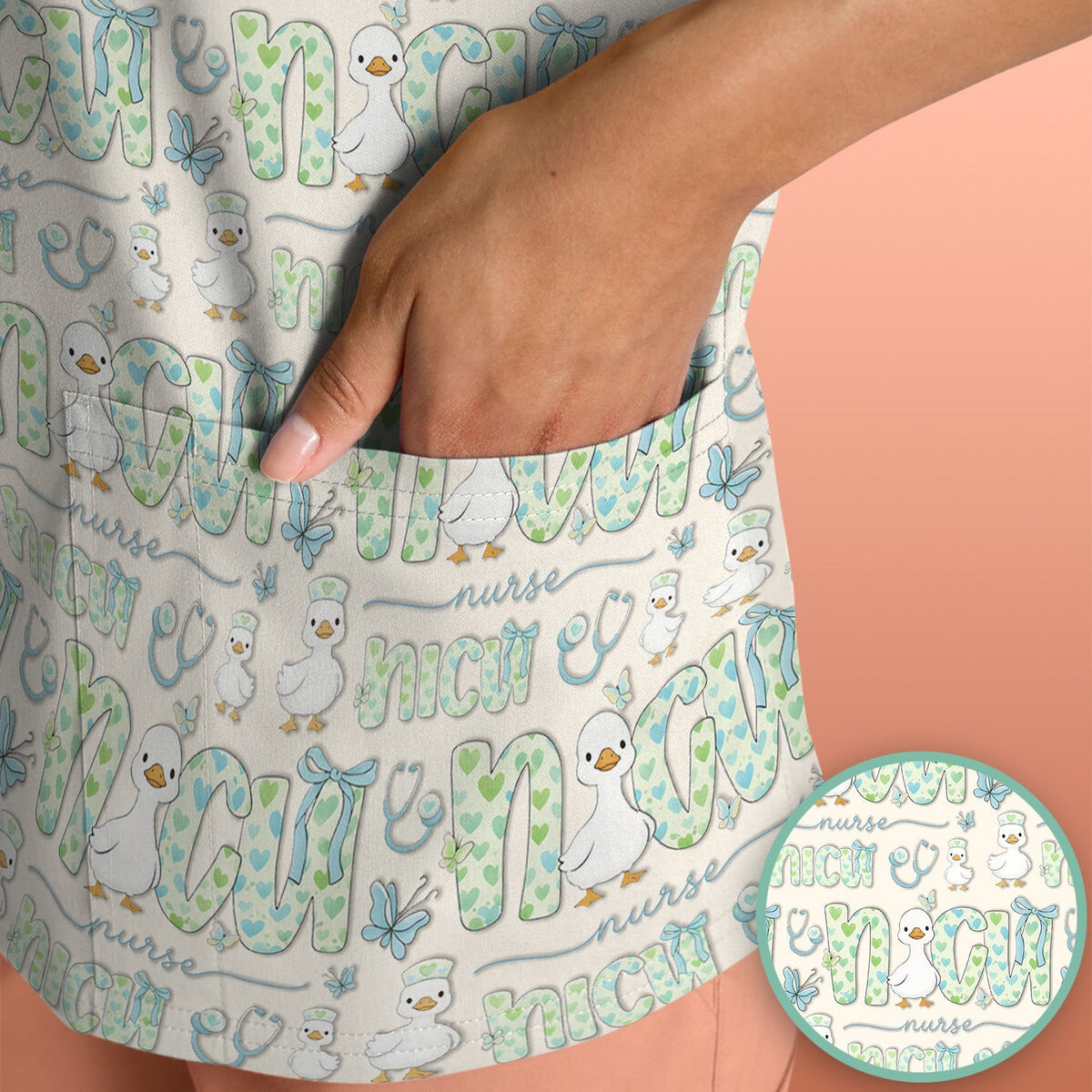 NICU Nurse Duck Pattern Scrub Top, Comfortable Scrubs for Nurses