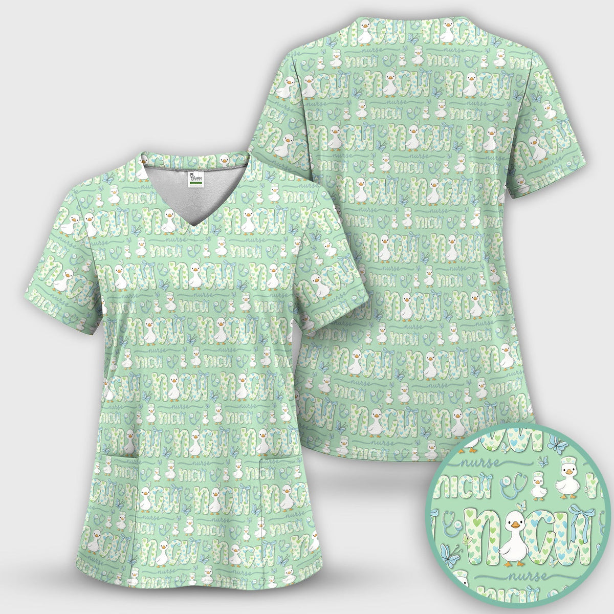 NICU Nurse Duck Pattern Scrub Top, Comfortable Scrubs for Nurses