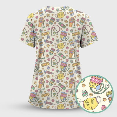 Easter Nurse Bunny Medical Pattern Scrub Top, Breathable Fabrics Nursing Uniform