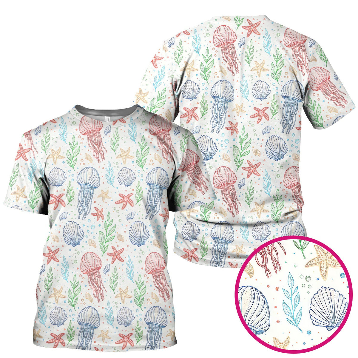 Ocean Jellyfish Starfish Seashell Pattern Scrubs Top, Comfortable Scrubs for Nurses