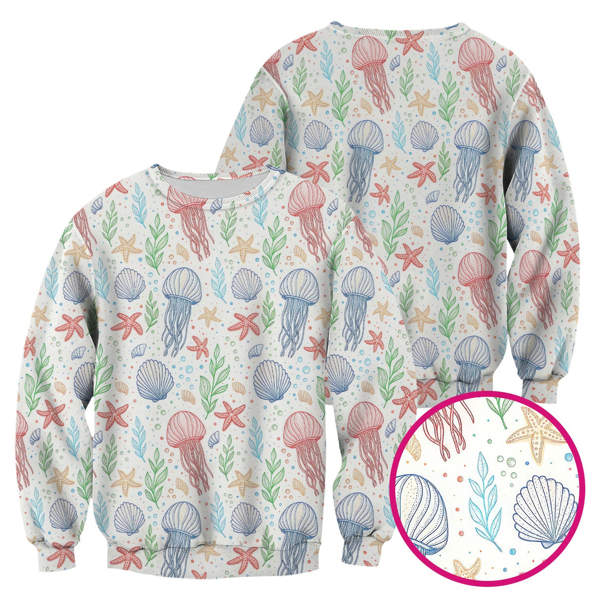 Ocean Jellyfish Starfish Seashell Pattern Scrubs Top, Comfortable Scrubs for Nurses