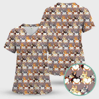 Funny Corgi Cartoon Pattern Scrub Top, Comfortable Scrubs for Nurses
