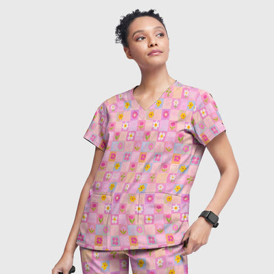Colorful Mixed Flowers Pattern Scrubs Top, Comfortable Scrubs for Nurses