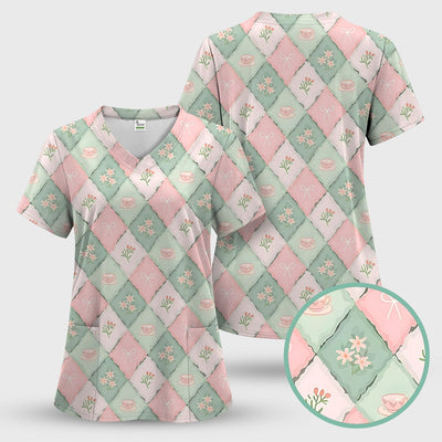 Flowers Tea Cups Pattern Scrubs Top, Comfortable Scrubs for Nurses