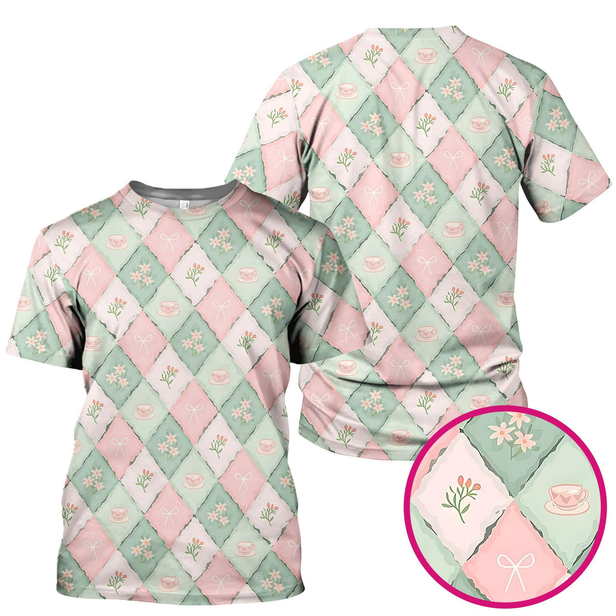 Flowers Tea Cups Pattern Scrubs Top, Comfortable Scrubs for Nurses