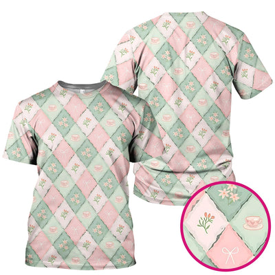 Flowers Tea Cups Pattern Scrubs Top, Comfortable Scrubs for Nurses
