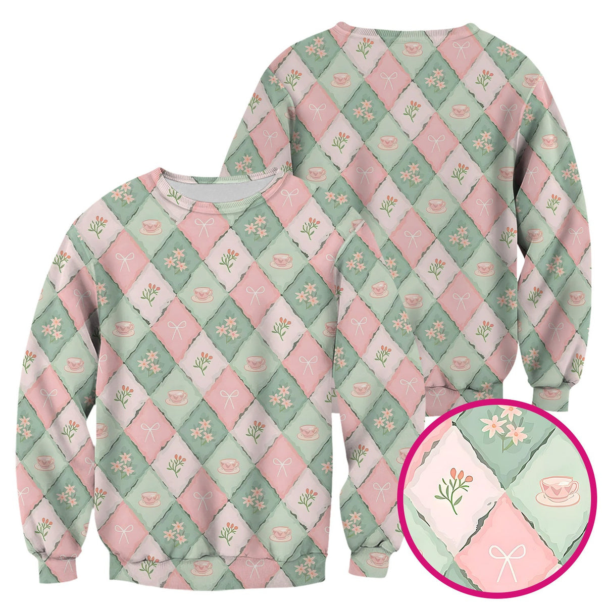 Flowers Tea Cups Pattern Scrubs Top, Comfortable Scrubs for Nurses