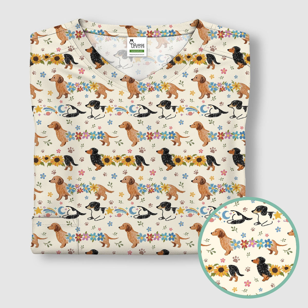 Floral Wiener Dog Pattern Scrub Top, Medical Scrubs for Nurses