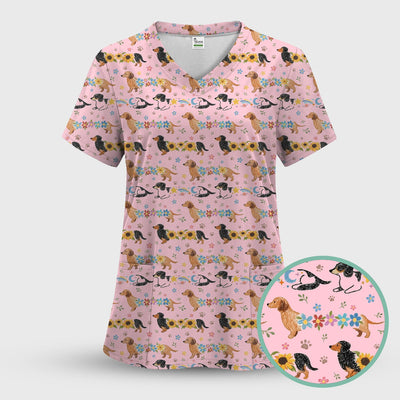 Floral Wiener Dog Pattern Scrub Top, Medical Scrubs for Nurses