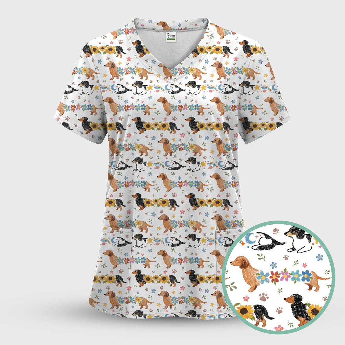 Floral Wiener Dog Pattern Scrub Top, Medical Scrubs for Nurses