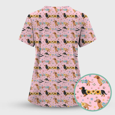 Floral Wiener Dog Pattern Scrub Top, Medical Scrubs for Nurses