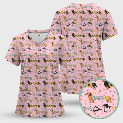 Floral Wiener Dog Pattern Scrub Top, Medical Scrubs for Nurses