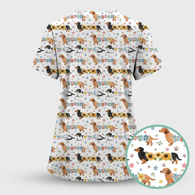Floral Wiener Dog Pattern Scrub Top, Medical Scrubs for Nurses