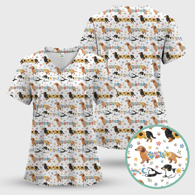 Floral Wiener Dog Pattern Scrub Top, Medical Scrubs for Nurses
