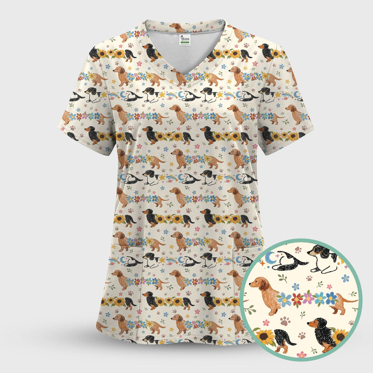 Floral Wiener Dog Pattern Scrub Top, Medical Scrubs for Nurses