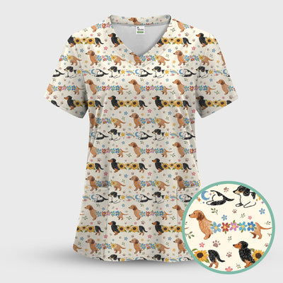 Floral Wiener Dog Pattern Scrub Top, Medical Scrubs for Nurses