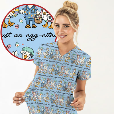 Funny Easter Nurse Goose Pattern Scrub Top, Comfortable Scrubs for Nurses