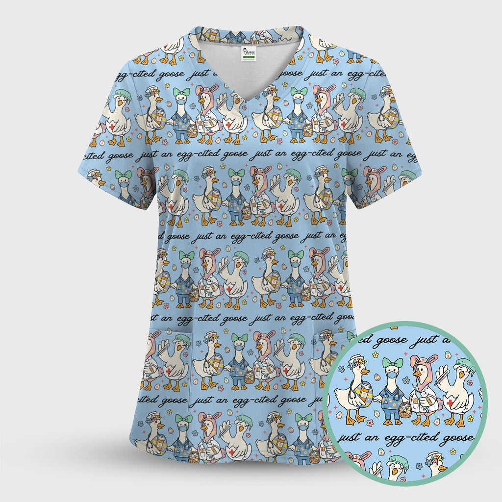 Funny Easter Nurse Goose Pattern Scrub Top, Comfortable Scrubs for Nurses