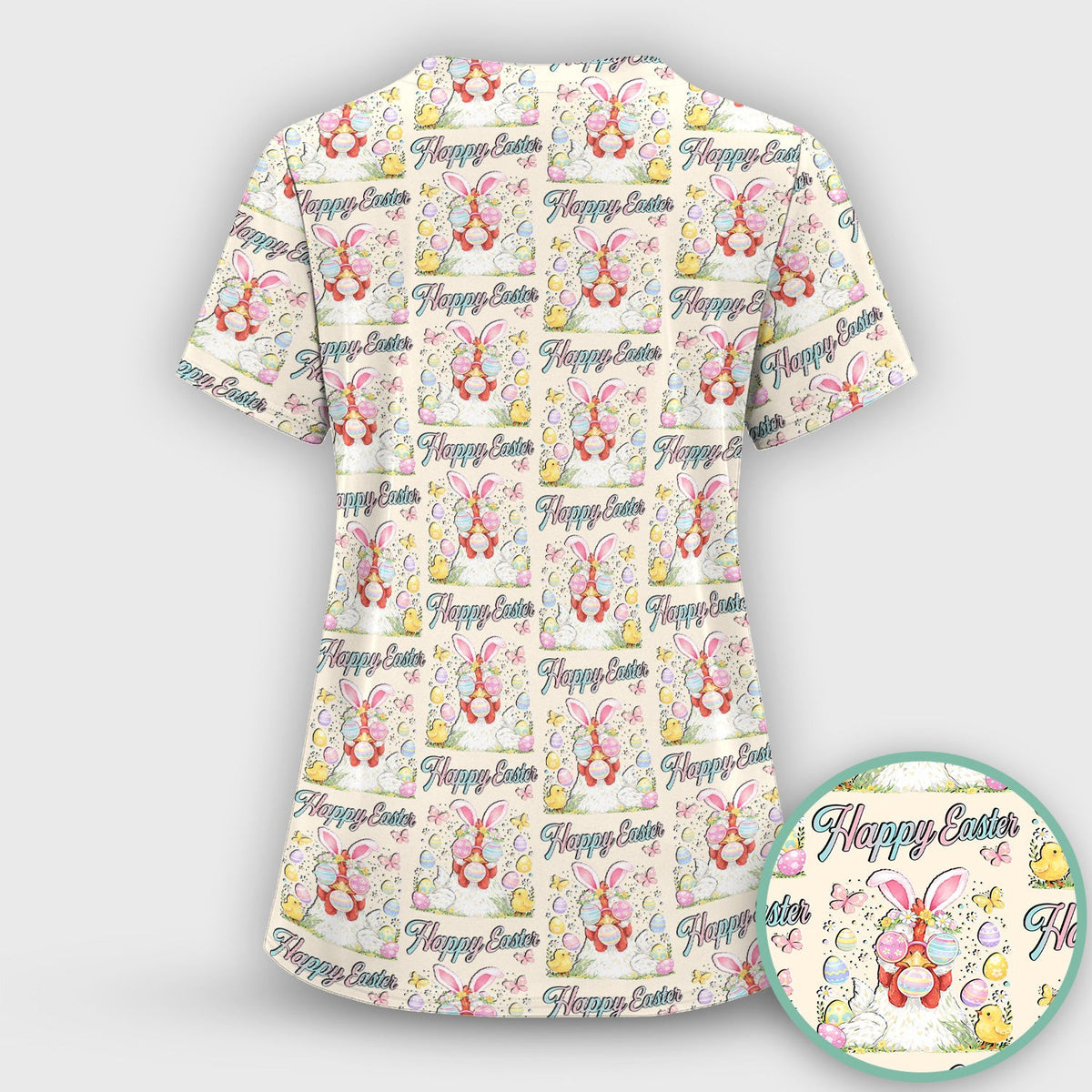 Happy Easter Bunny Eggs Pattern Scrub Top, Comfortable Scrubs for Nurses