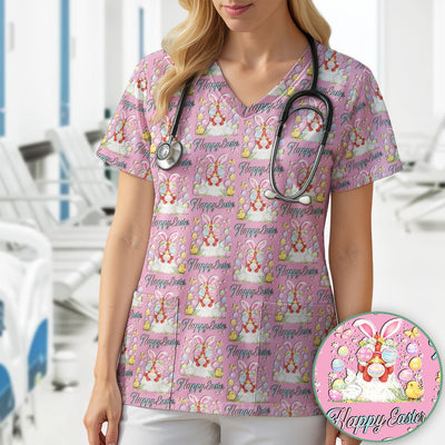 Happy Easter Bunny Eggs Pattern Scrub Top, Comfortable Scrubs for Nurses