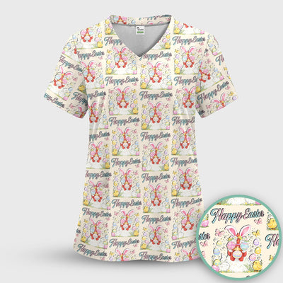 Happy Easter Bunny Eggs Pattern Scrub Top, Comfortable Scrubs for Nurses
