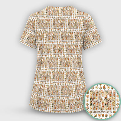 Christian Resurrection Floral Pattern Scrub Top, Comfortable Scrubs for Nurses