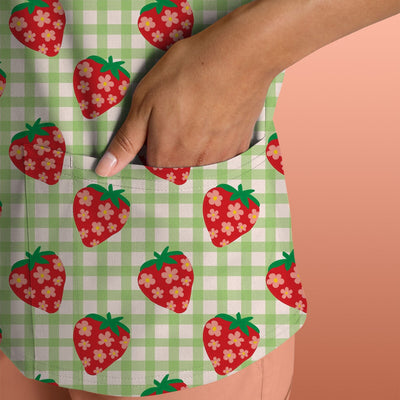 Sweet Strawberry Gingham Print Scrub Top, Comfortable Scrubs for Nurses