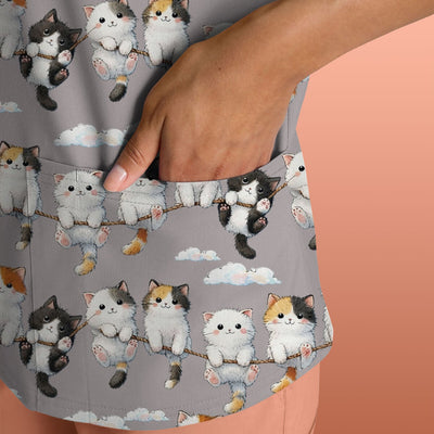 Cute Cats Sitting on Rope Pattern Scrubs Top, Comfortable Scrubs for Nurses