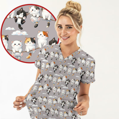 Cute Cats Sitting on Rope Pattern Scrubs Top, Comfortable Scrubs for Nurses