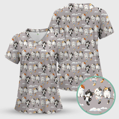 Cute Cats Sitting on Rope Pattern Scrubs Top, Comfortable Scrubs for Nurses