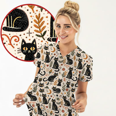 Mystic Black Cat Celestial Doodle Pattern Scrub Top, Comfortable Scrubs for Nurses