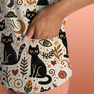 Mystic Black Cat Celestial Doodle Pattern Scrub Top, Comfortable Scrubs for Nurses