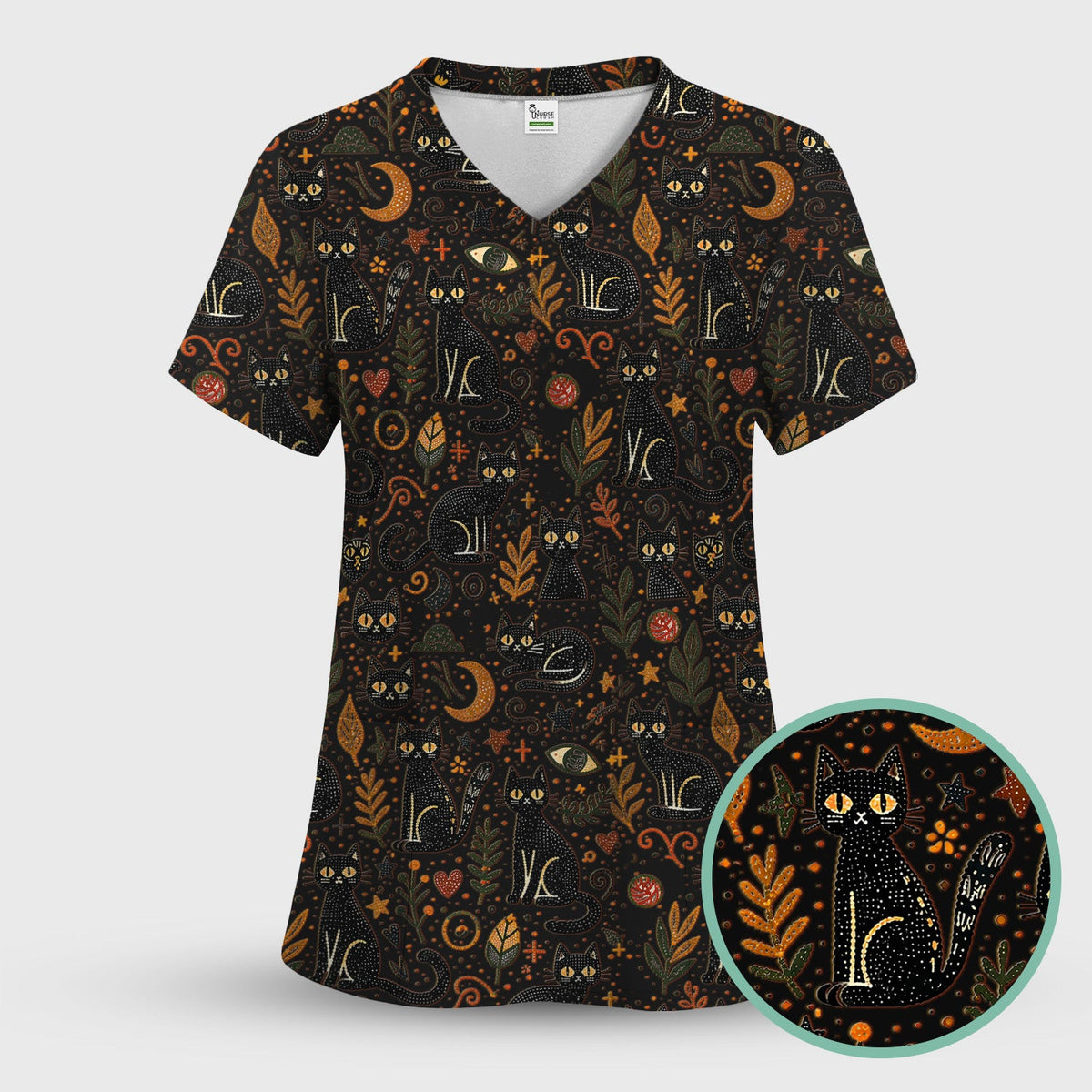 Mystic Black Cat Celestial Doodle Pattern Scrub Top, Comfortable Scrubs for Nurses