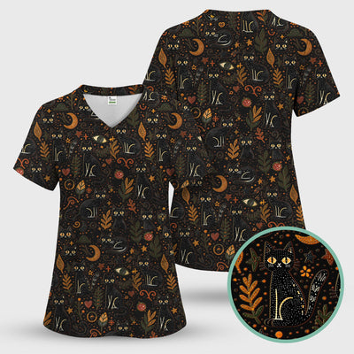 Mystic Black Cat Celestial Doodle Pattern Scrub Top, Comfortable Scrubs for Nurses