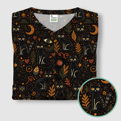 Mystic Black Cat Celestial Doodle Pattern Scrub Top, Comfortable Scrubs for Nurses