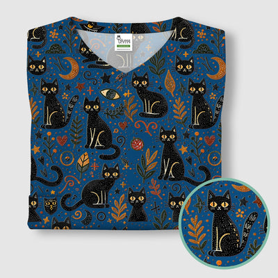 Mystic Black Cat Celestial Doodle Pattern Scrub Top, Comfortable Scrubs for Nurses