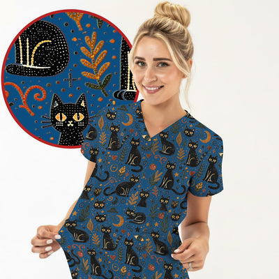 Mystic Black Cat Celestial Doodle Pattern Scrub Top, Comfortable Scrubs for Nurses