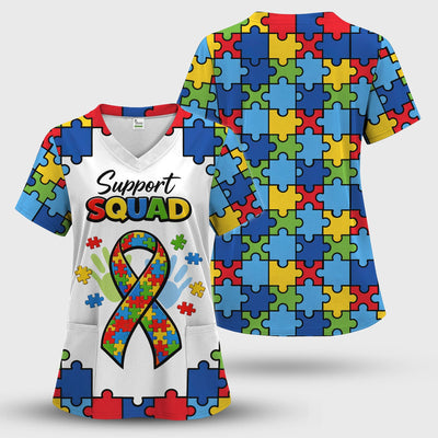 Autism Support Squad Puzzle Ribbon Print Scrub Top, Comfortable Scrubs for Nurses