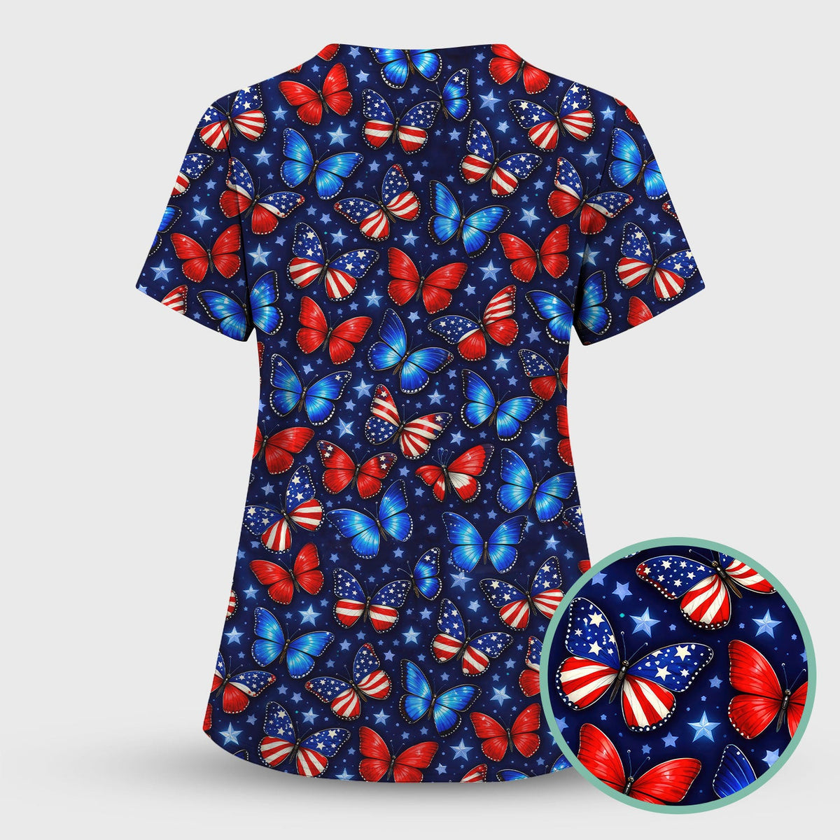 Patriotic Butterfly Stars Pattern Scrubs Top, Comfortable Scrubs for Nurses