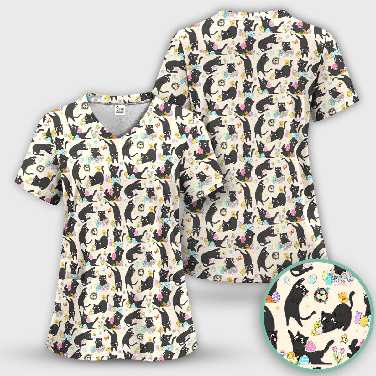 Playful Black Cat Easter Egg Pattern Scrub Top, Comfortable Scrubs for Nurses
