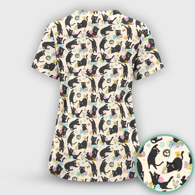 Playful Black Cat Easter Egg Pattern Scrub Top, Comfortable Scrubs for Nurses