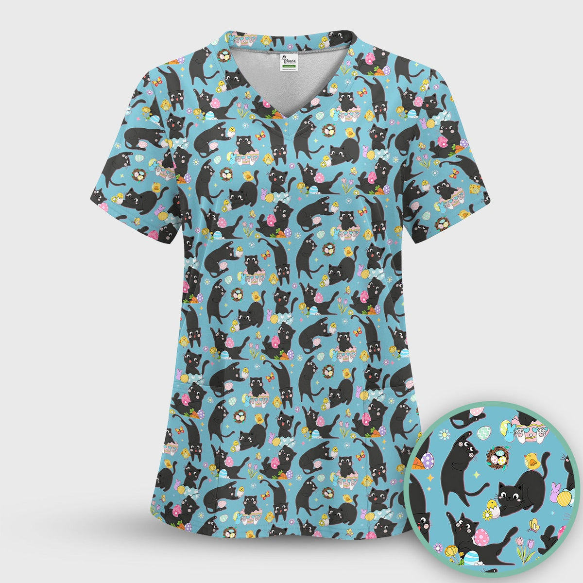 Playful Black Cat Easter Egg Pattern Scrub Top, Comfortable Scrubs for Nurses