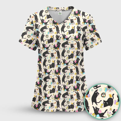 Playful Black Cat Easter Egg Pattern Scrub Top, Comfortable Scrubs for Nurses