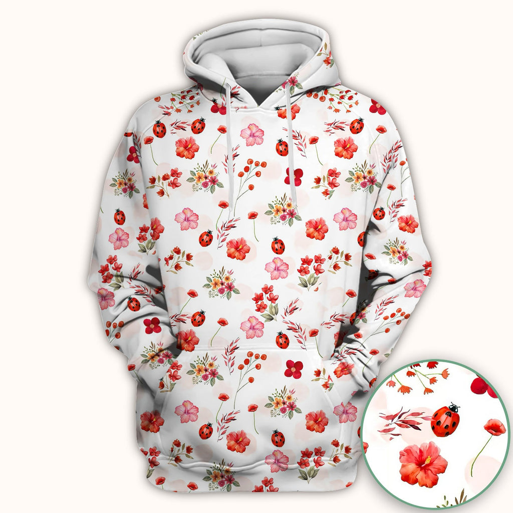 Red Ladybug Floral Garden Pattern Scrub Top, Comfortable Scrubs for Nurses