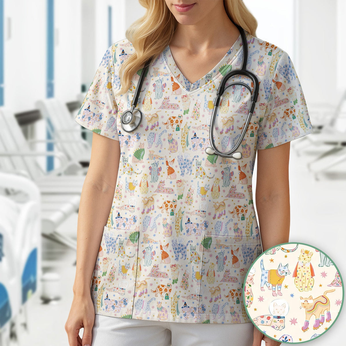 Cute Colorful Cats Pattern Scrub Top, Comfortable Scrubs for Nurses