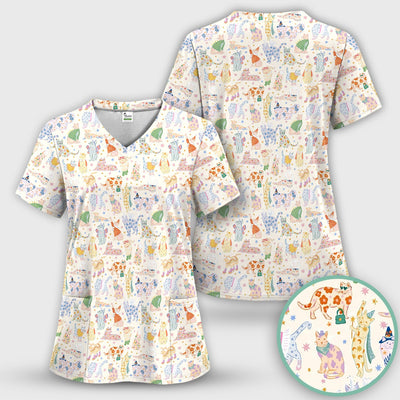 Cute Colorful Cats Pattern Scrub Top, Comfortable Scrubs for Nurses