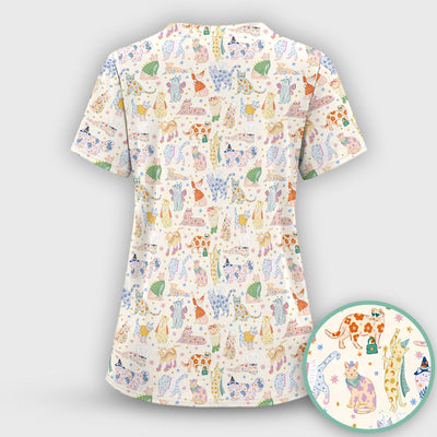 Cute Colorful Cats Pattern Scrub Top, Comfortable Scrubs for Nurses