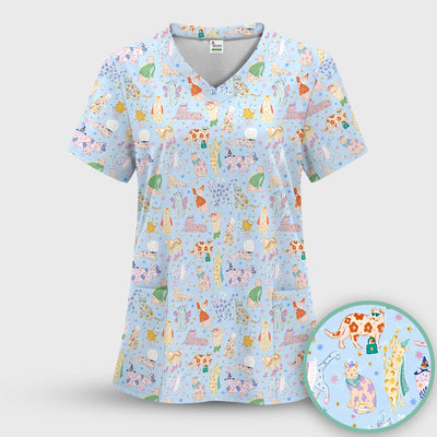 Cute Colorful Cats Pattern Scrub Top, Comfortable Scrubs for Nurses