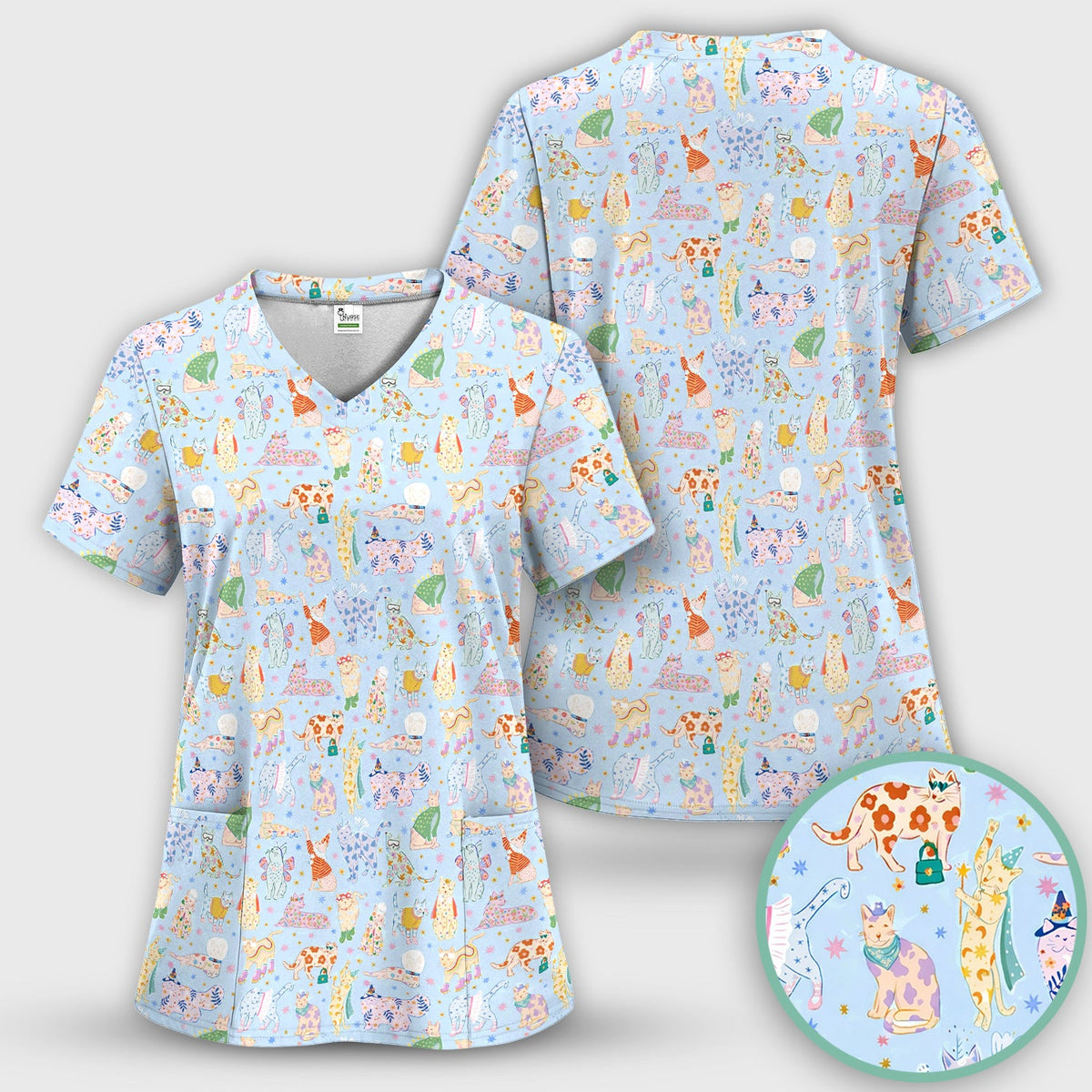 Cute Colorful Cats Pattern Scrub Top, Comfortable Scrubs for Nurses